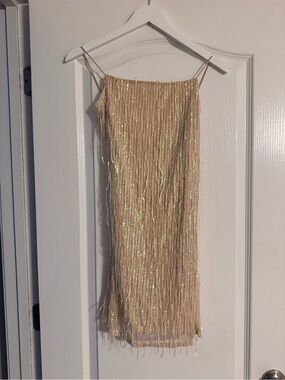 Say What? Iridescent Fringe Mini Dress - Nude